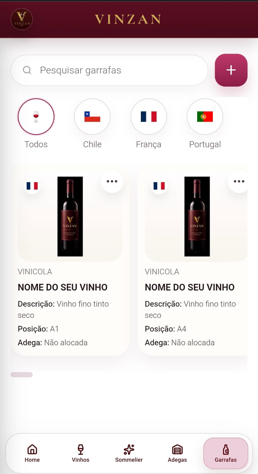 Tela de cadastro de garrafa no app Vinzan